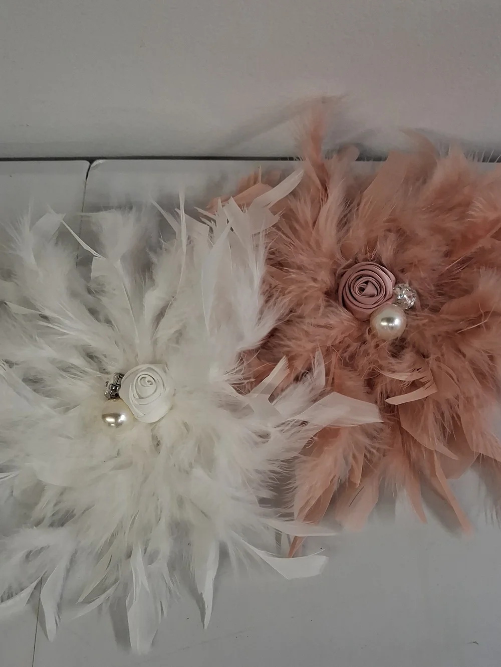2 Feather Flower Brooch - White and Blush